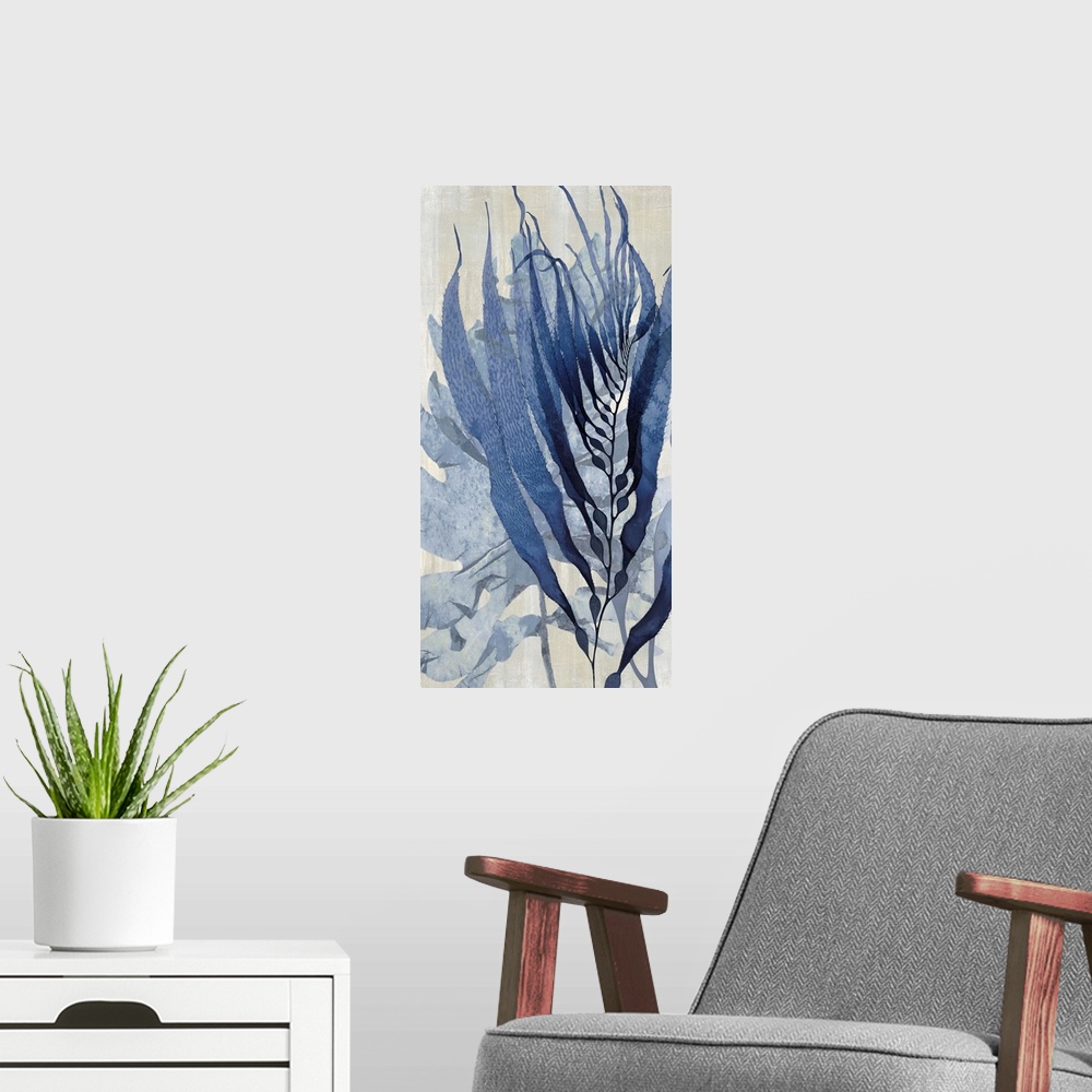 A modern room featuring Beach themed decor with indigo sea vegetation on a gray and tan background.