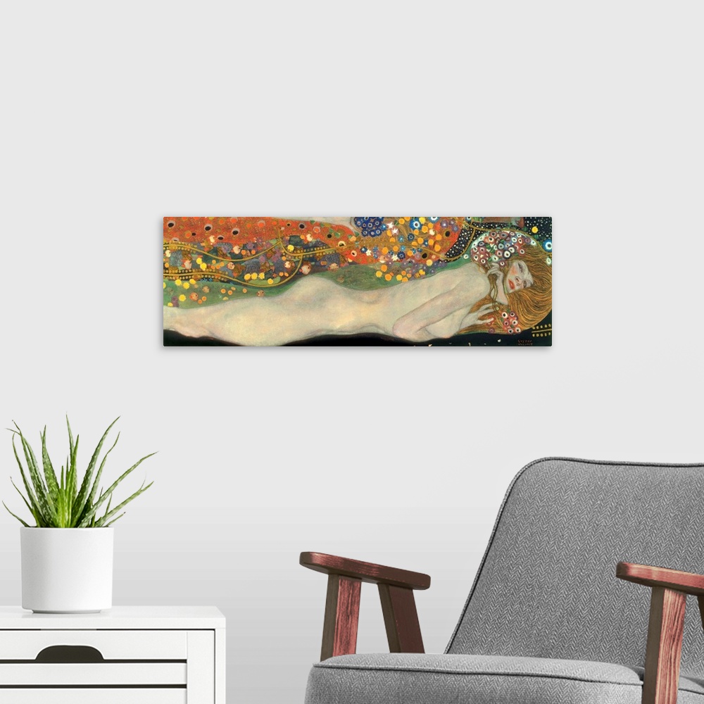 A modern room featuring A painting from the early 20th century shows nude female figures in provocative poses.