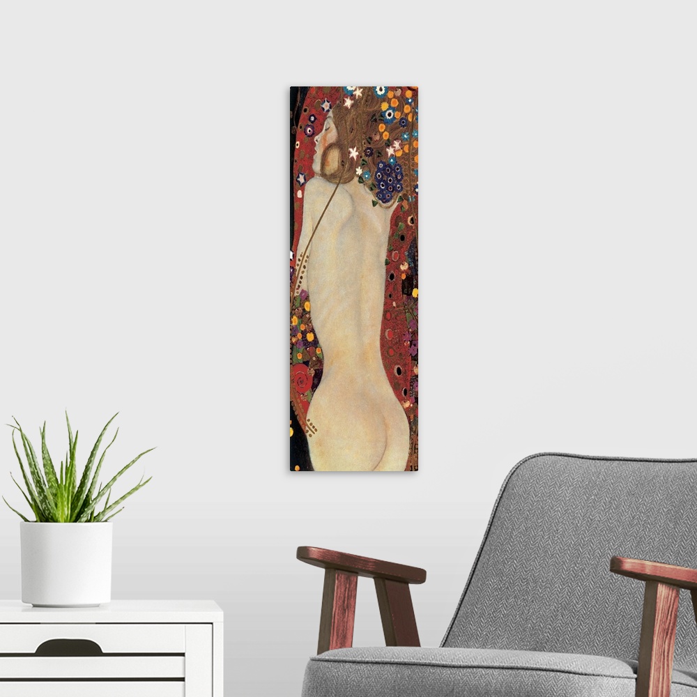 A modern room featuring A vertical painting from very early 20th century shows nude female figures in provocative poses.