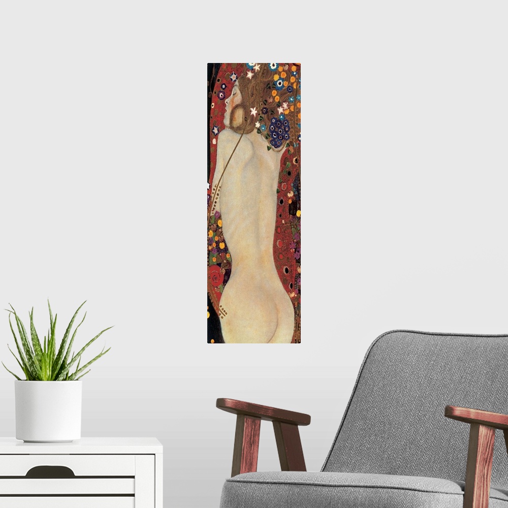 A modern room featuring A vertical painting from very early 20th century shows nude female figures in provocative poses.