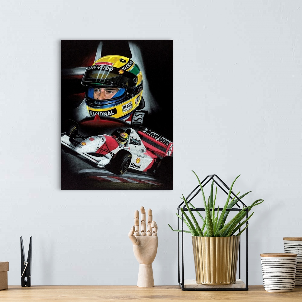 A bohemian room featuring Illustration with a composite of a driver and a Marlboro/Shell Formula One car  in action.