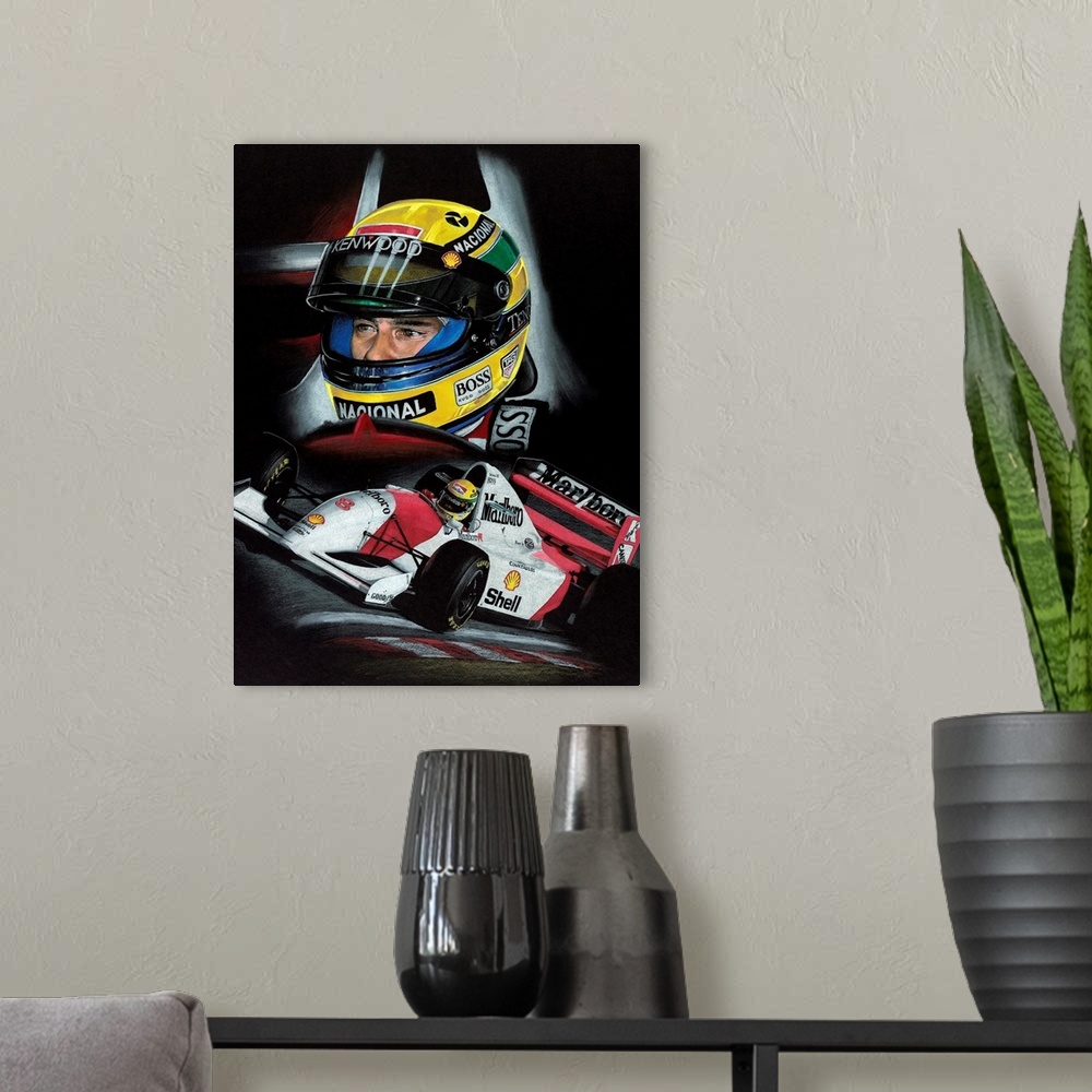 A modern room featuring Illustration with a composite of a driver and a Marlboro/Shell Formula One car  in action.