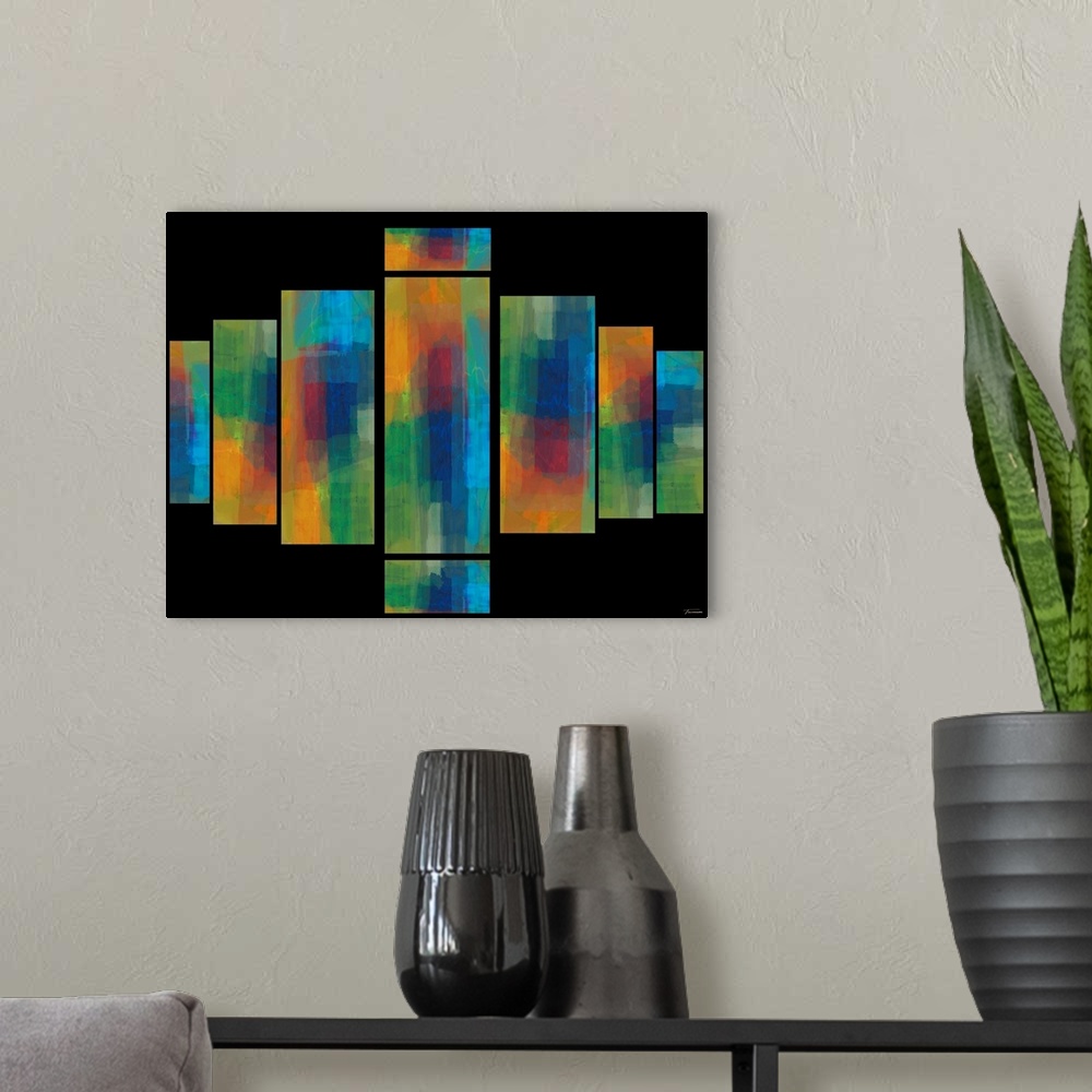 A modern room featuring Abstract artwork with colorful stained glass window like designs on a black background.