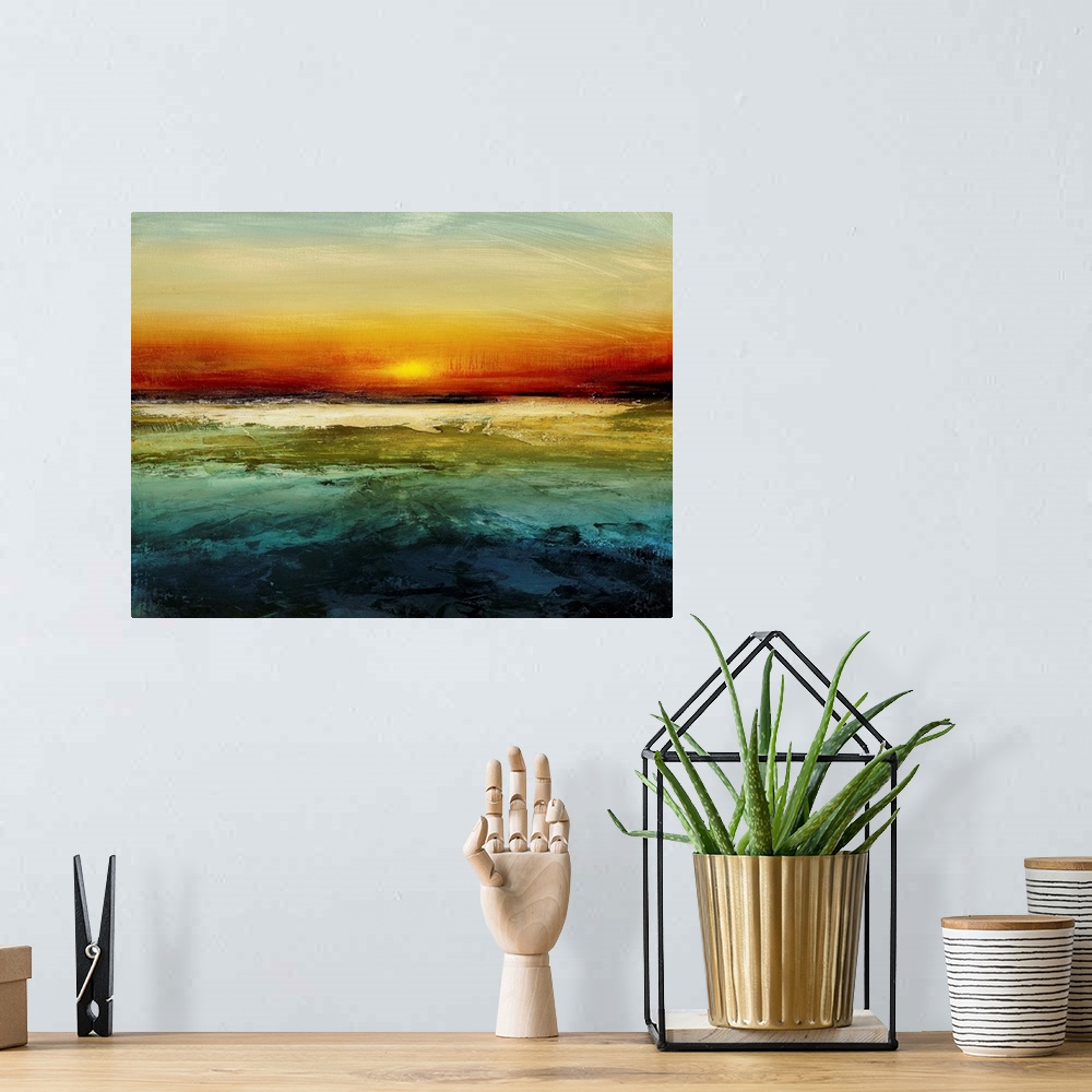 A bohemian room featuring Contemporary abstract artwork features a setting sun on the horizon with a distressed texture thr...