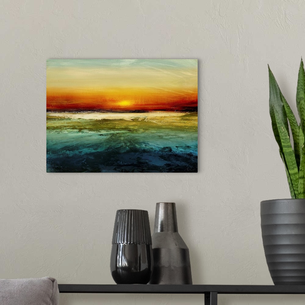 A modern room featuring Contemporary abstract artwork features a setting sun on the horizon with a distressed texture thr...