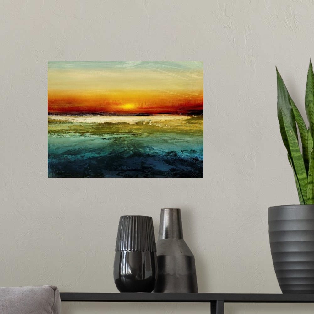 A modern room featuring Contemporary abstract artwork features a setting sun on the horizon with a distressed texture thr...