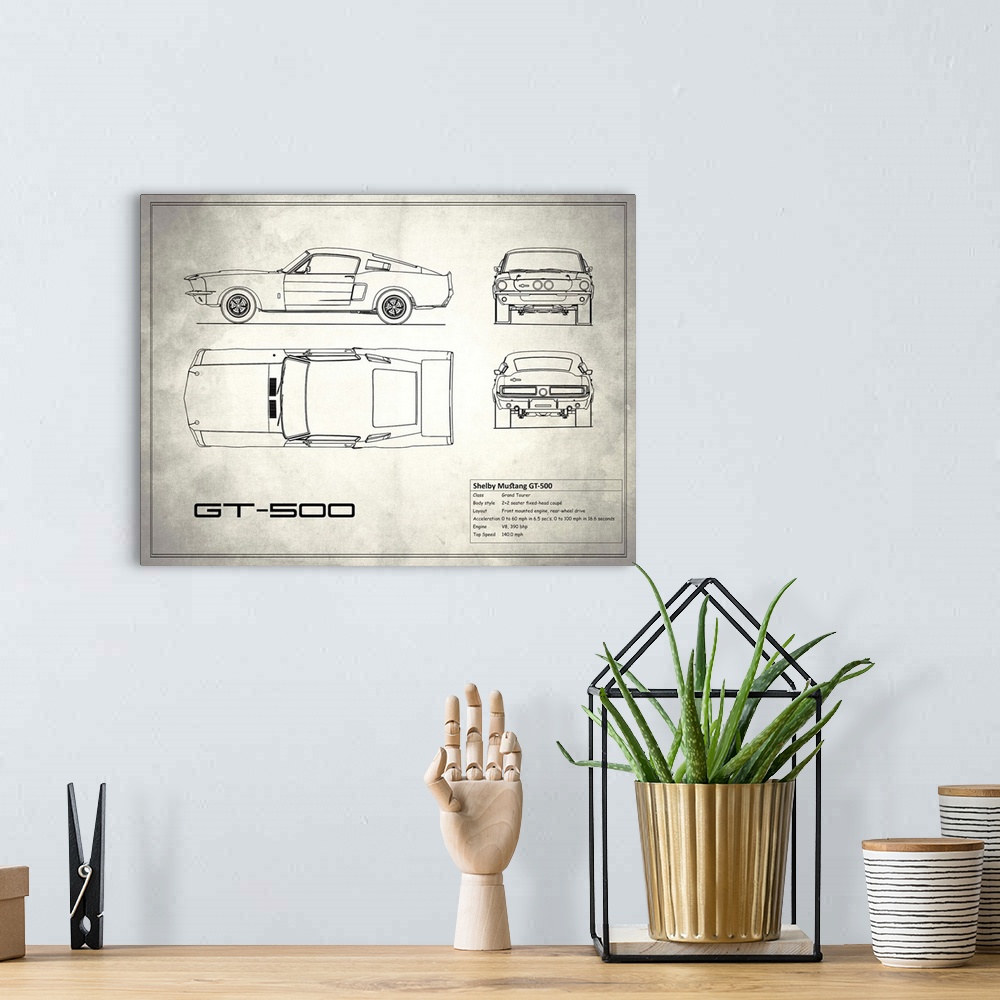 A bohemian room featuring Antique style blueprint diagram of a Shelby Mustang GT500 printed on a weathered white and gray b...