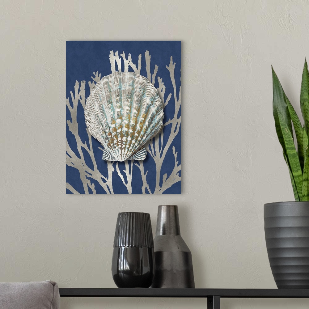 A modern room featuring Shell Coral Silver on Blue IV