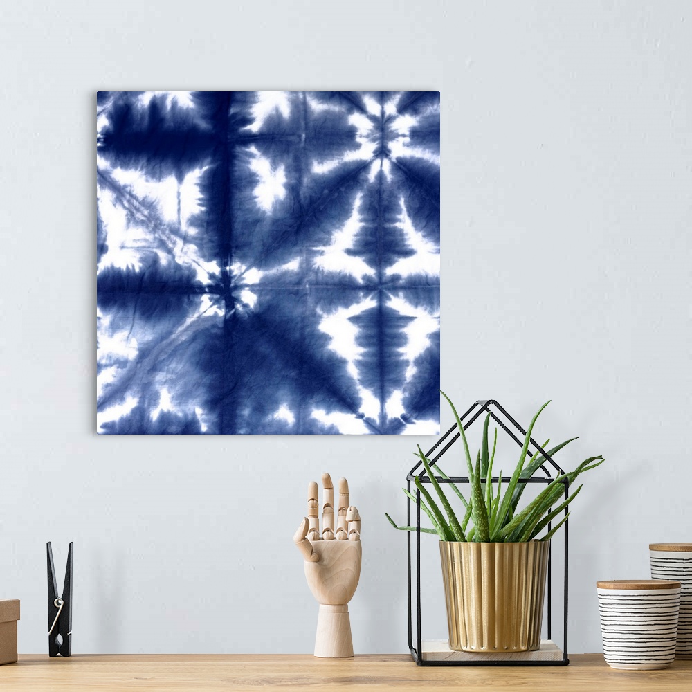 A bohemian room featuring Square abstract shibori print in indigo and white.