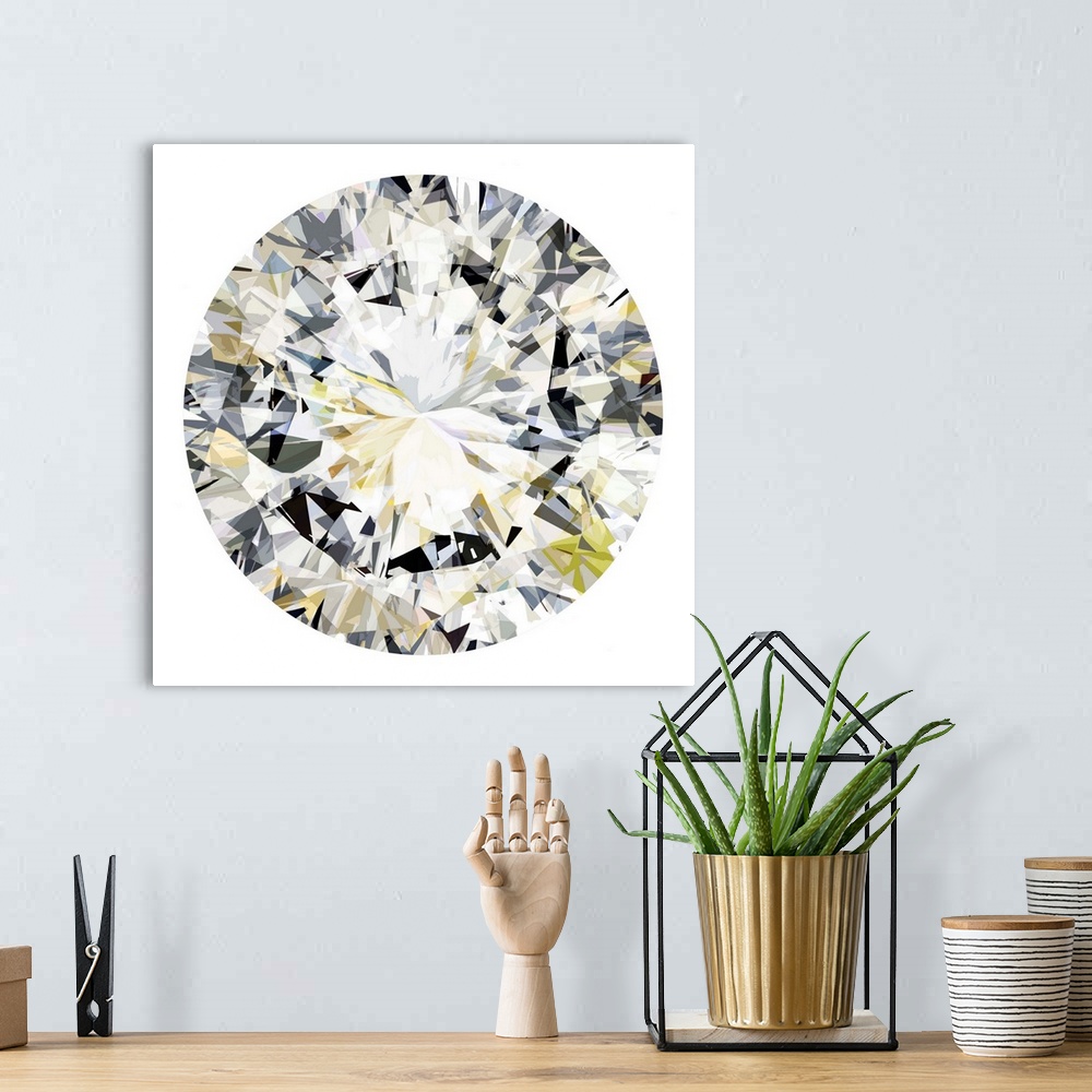 A bohemian room featuring Square decor with an illustration of a shiny diamond-like gem on a white background.