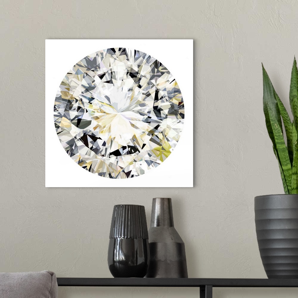 A modern room featuring Square decor with an illustration of a shiny diamond-like gem on a white background.