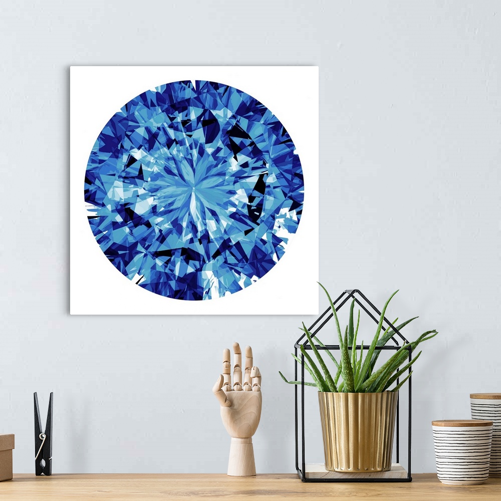 A bohemian room featuring Square decor with an illustration of a shiny blue gem on a white background.