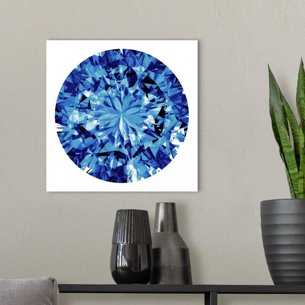 A modern room featuring Square decor with an illustration of a shiny blue gem on a white background.