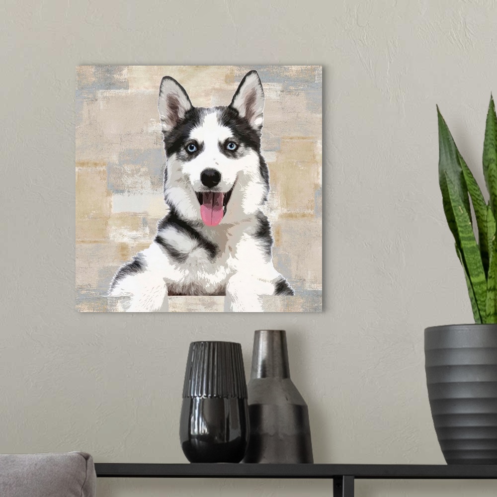 A modern room featuring Square decor with a portrait of a Siberian Husky on a layered gray, blue, and tan background.