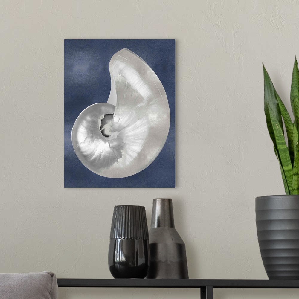 A modern room featuring Silver Shell on Indigo Blue I