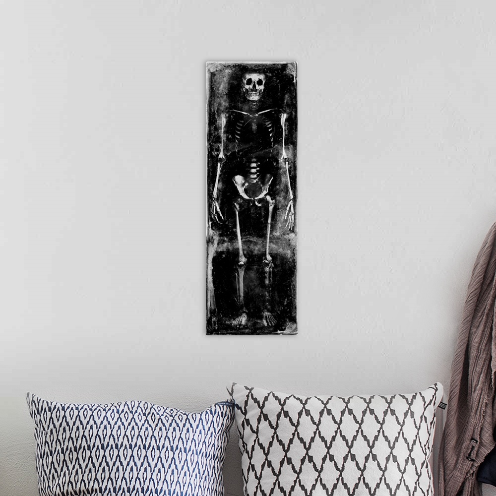 A bohemian room featuring Tall panel illustration of a skeleton in black and white.