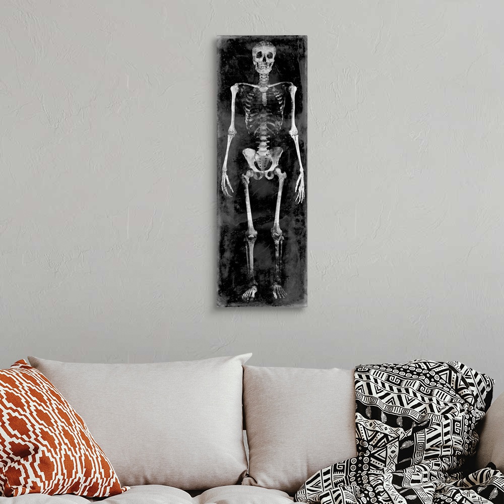 A bohemian room featuring Tall panel illustration of a skeleton in black and white.