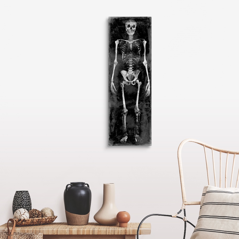 A farmhouse room featuring Tall panel illustration of a skeleton in black and white.