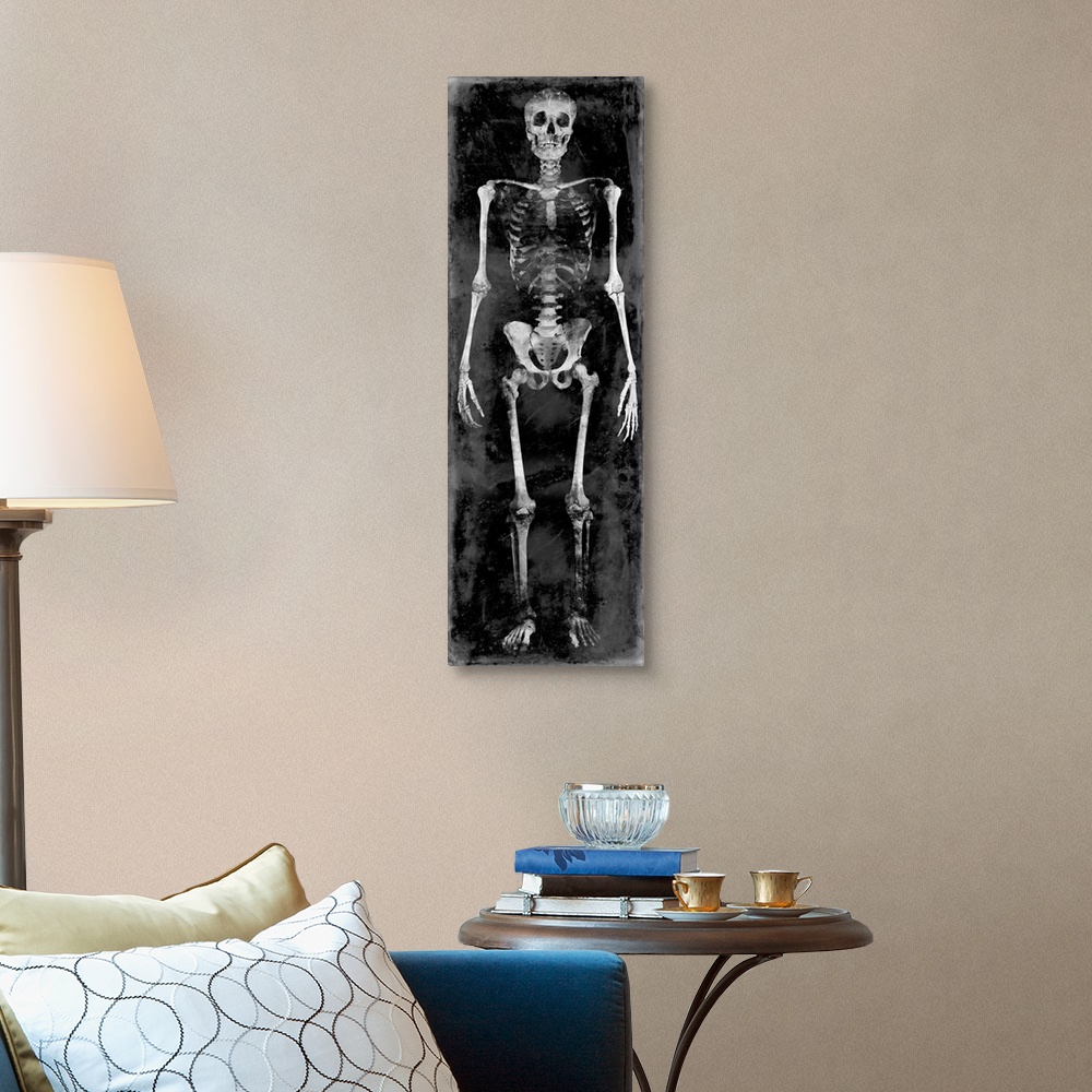 A traditional room featuring Tall panel illustration of a skeleton in black and white.