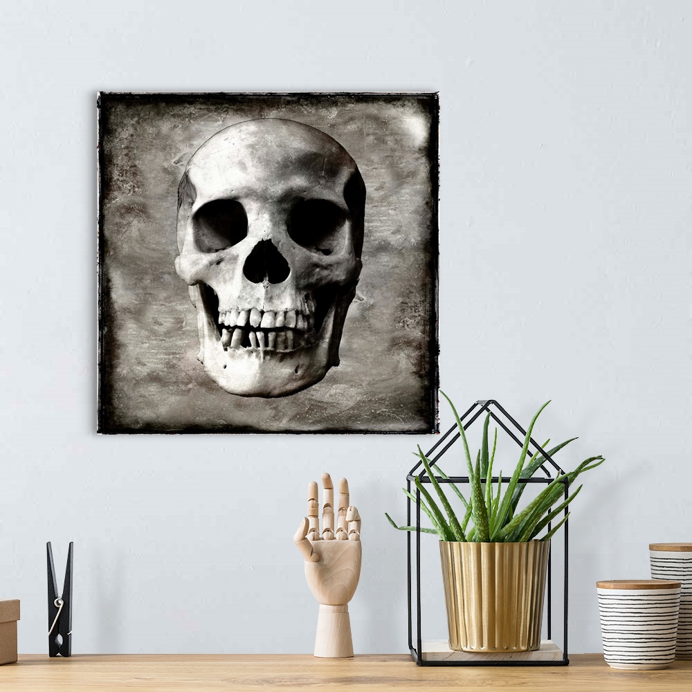 A bohemian room featuring Square illustration of a skull with a weathered background in silver, white, and black.