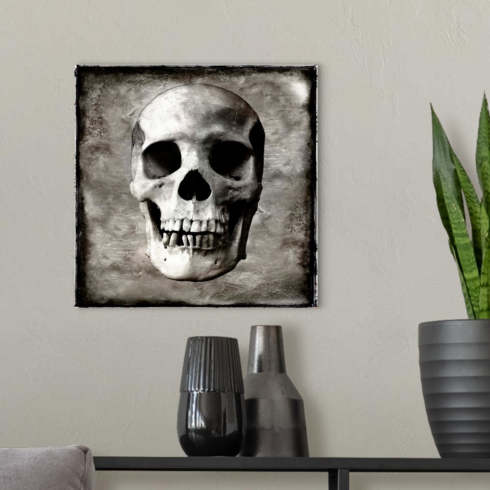 A modern room featuring Square illustration of a skull with a weathered background in silver, white, and black.