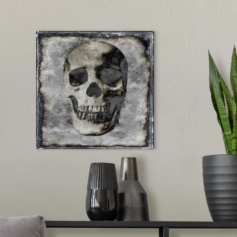 A modern room featuring Square illustration of a skull with a weathered background in silver, white, gold, and black.