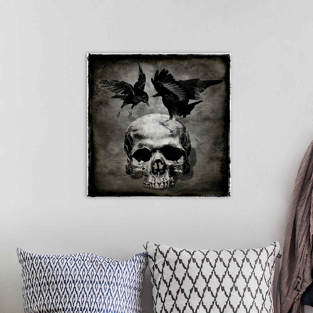 A bohemian room featuring Square Halloween decor with two crows landing on a skull.