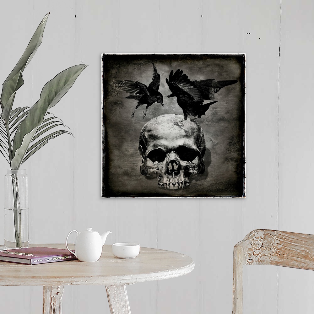 A farmhouse room featuring Square Halloween decor with two crows landing on a skull.