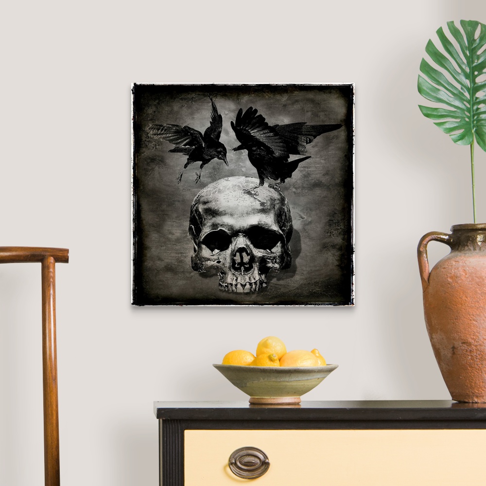 A traditional room featuring Square Halloween decor with two crows landing on a skull.