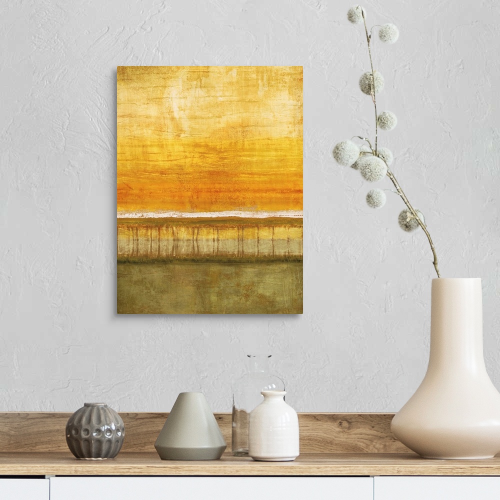 A farmhouse room featuring Abstract painting with a white horizon line and a yellow and orange sky with olive green below.