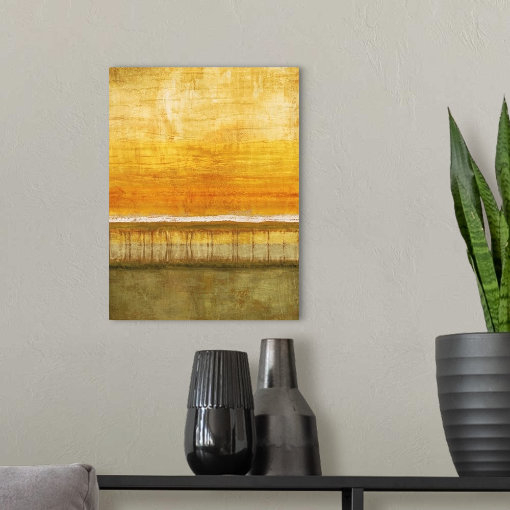 A modern room featuring Abstract painting with a white horizon line and a yellow and orange sky with olive green below.