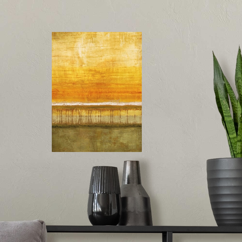 A modern room featuring Abstract painting with a white horizon line and a yellow and orange sky with olive green below.