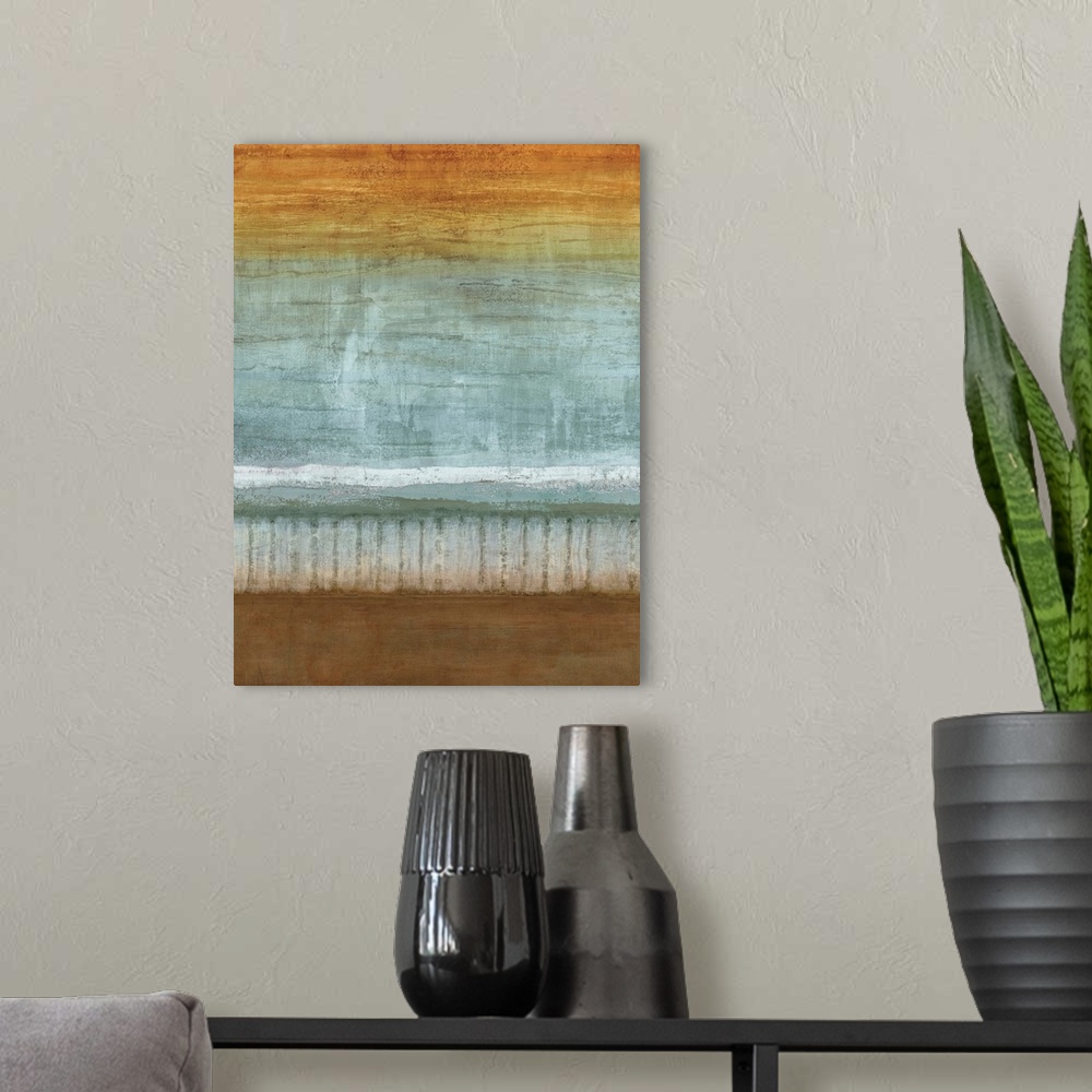 A modern room featuring Abstract painting with a white horizon line and an orange and blue sky with brown below.