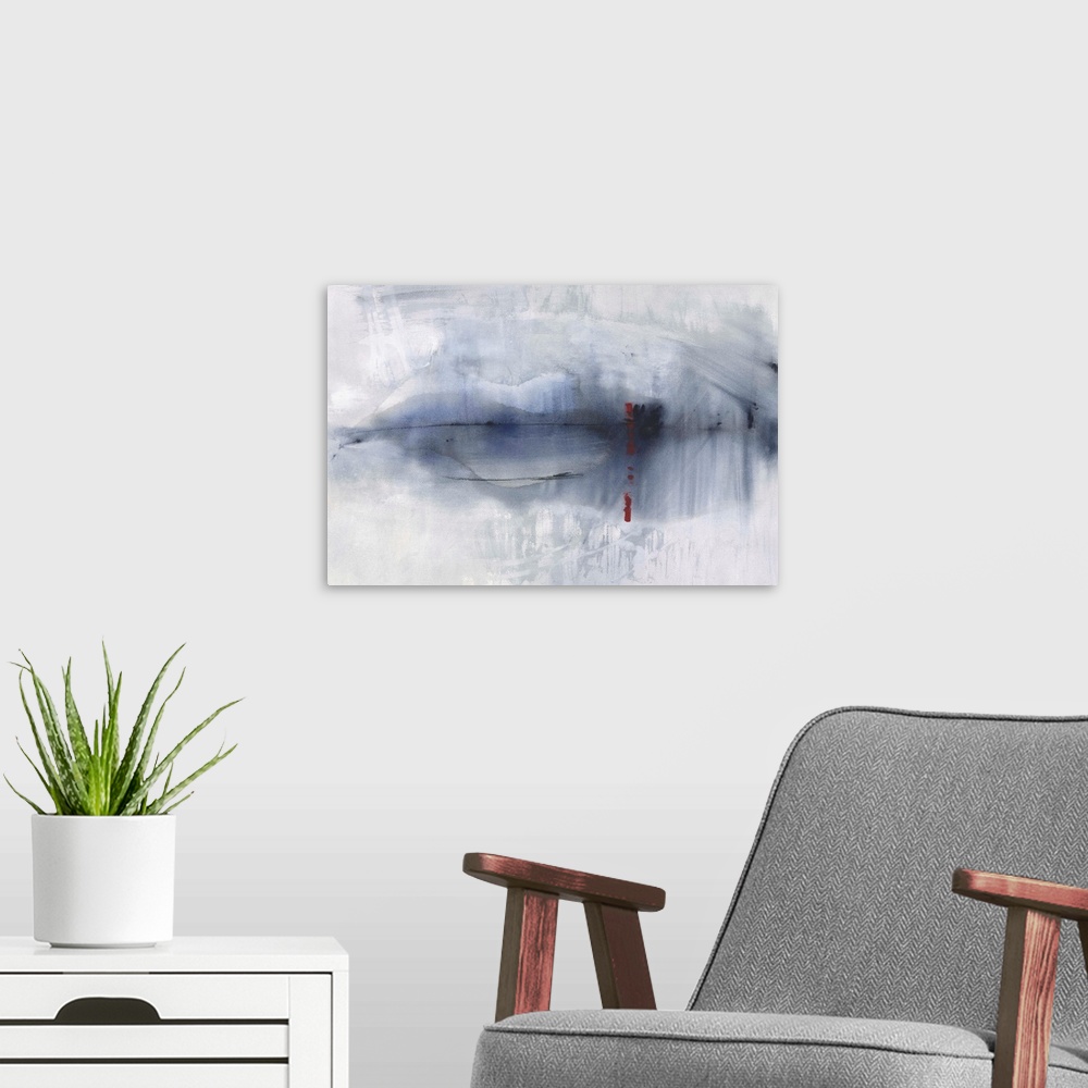 A modern room featuring Large abstract painting with faded blues and gray with black and red lines.