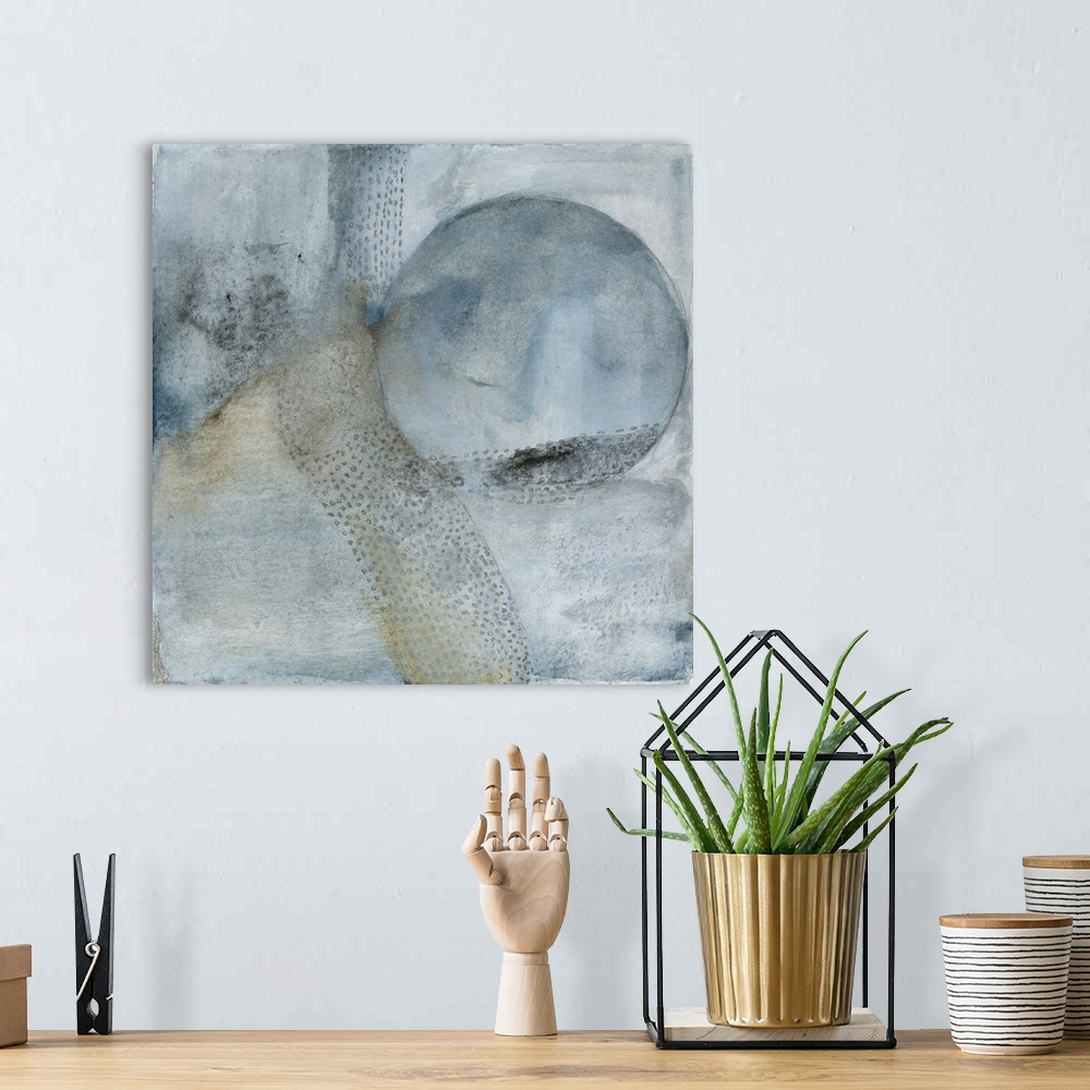 A bohemian room featuring This contemporary artwork is a series of flowing watercolor backgrounds featuring a circular shap...