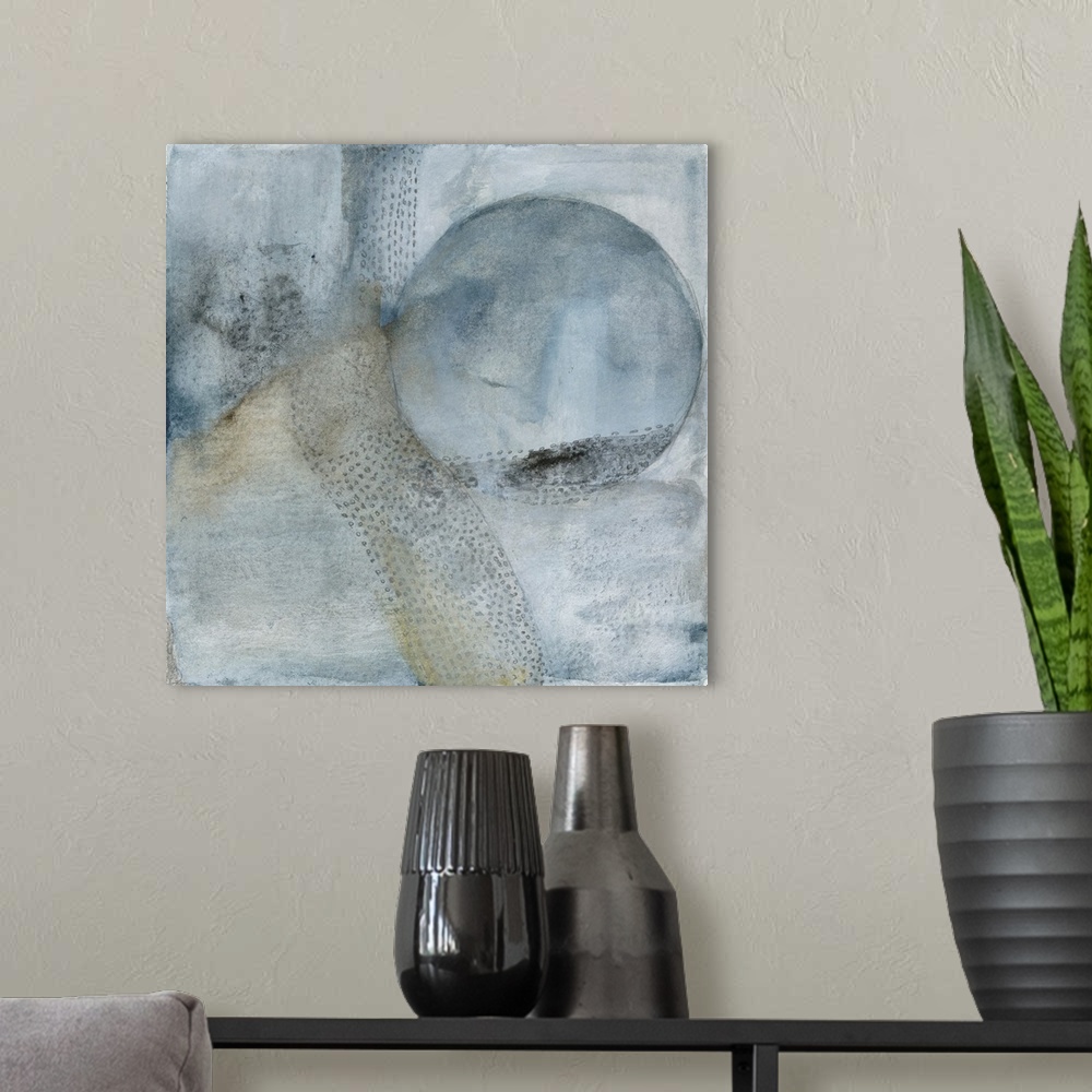 A modern room featuring This contemporary artwork is a series of flowing watercolor backgrounds featuring a circular shap...