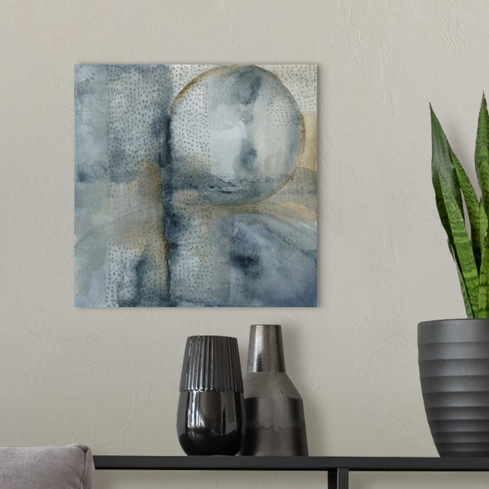 A modern room featuring This contemporary artwork is a series of flowing watercolor backgrounds featuring a circular shap...