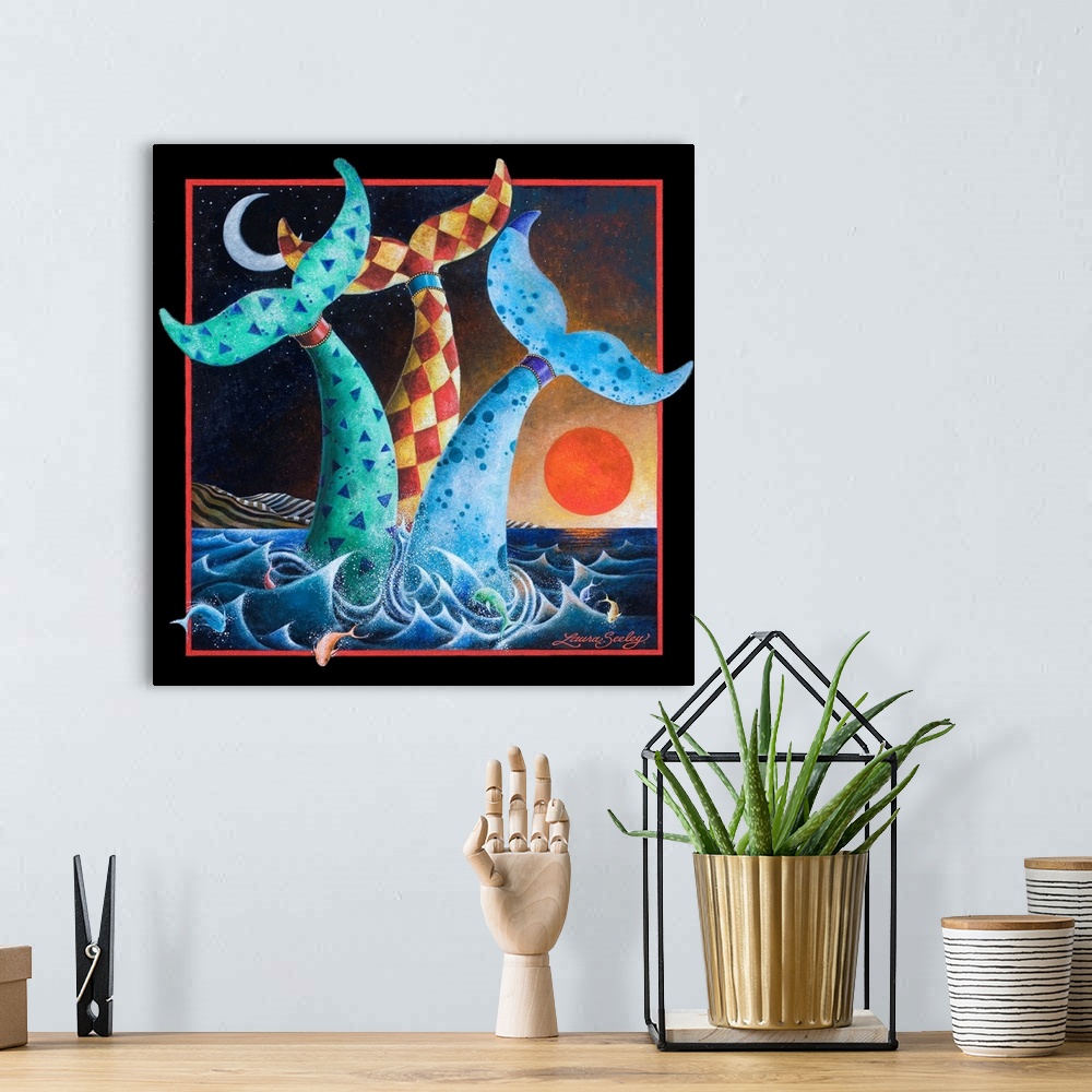 A bohemian room featuring Square illustration of colorful, patterned whale tales sticking out of the ocean with fish jumpin...