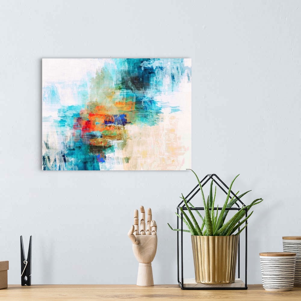 A bohemian room featuring Abstract art made with shades of blue running diagonally up the canvas with bright hues of orange...
