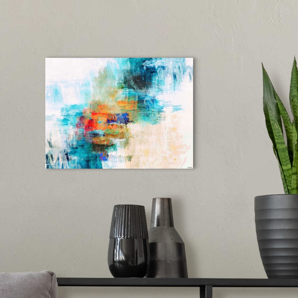 A modern room featuring Abstract art made with shades of blue running diagonally up the canvas with bright hues of orange...