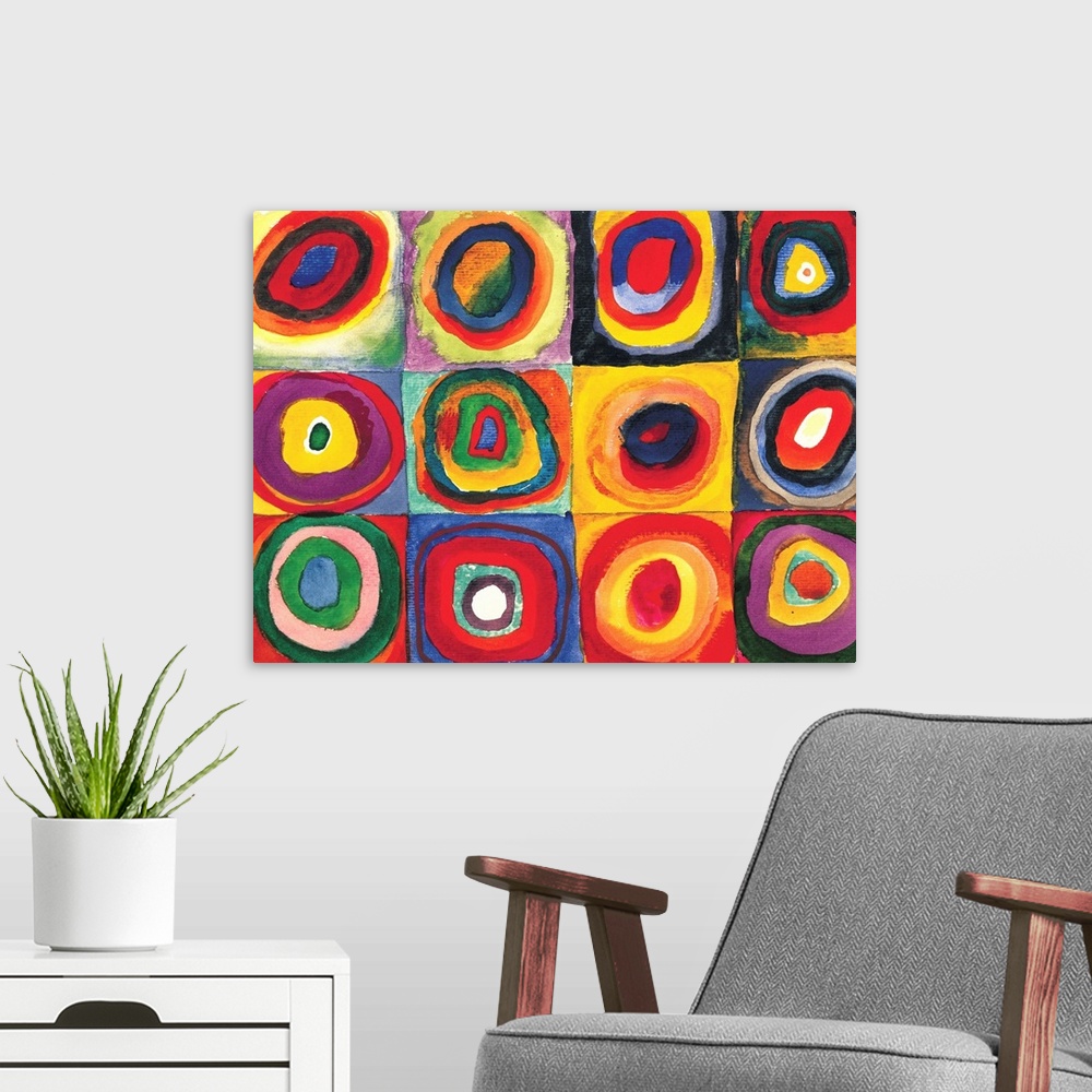 A modern room featuring A Contemporary painting of colorful rings of circles within squares.