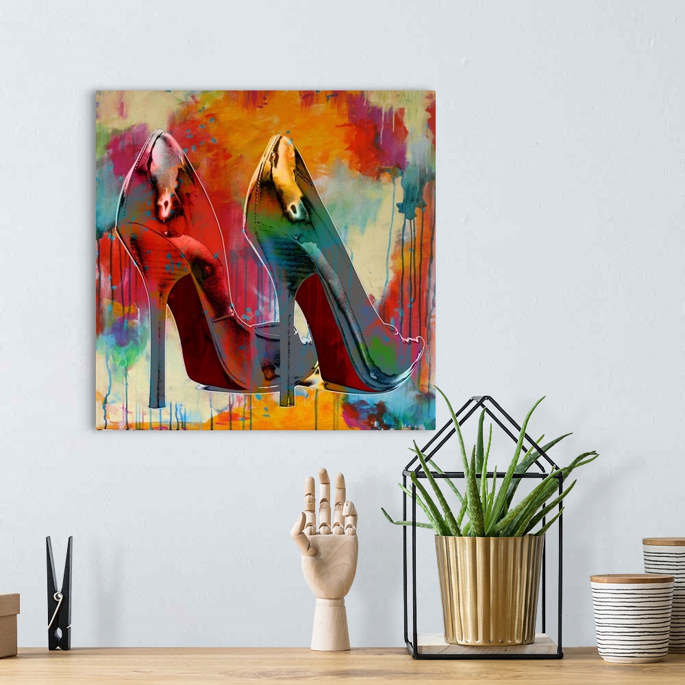 A bohemian room featuring Square decor with an illustration of stilettos with colorful paint splatter all over.