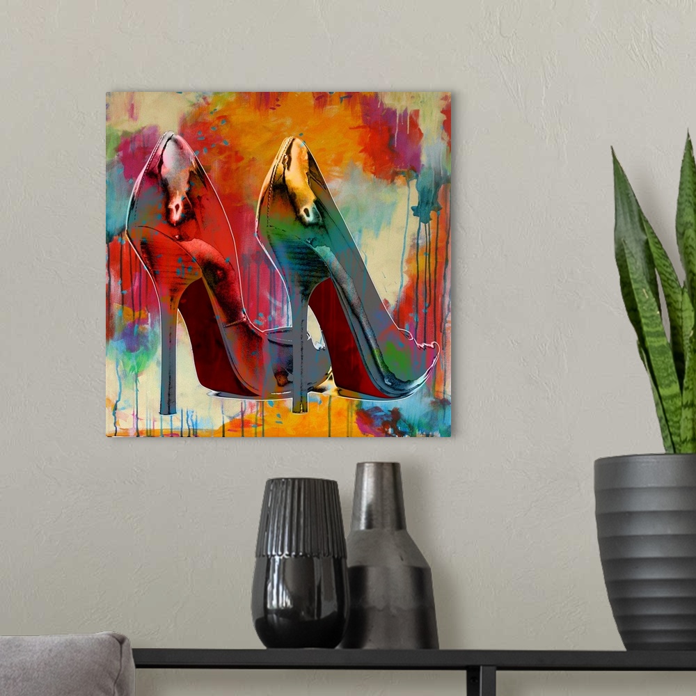 A modern room featuring Square decor with an illustration of stilettos with colorful paint splatter all over.