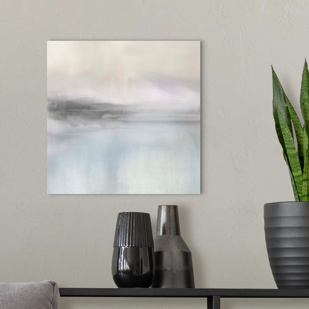 A modern room featuring A square contemporary painting of an abstract landscape in muted tones.