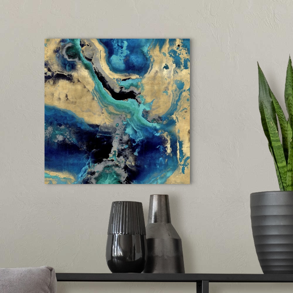 A modern room featuring Contemporary artwork featuring a deluge of blues and gold colors that have been edited to a marbl...