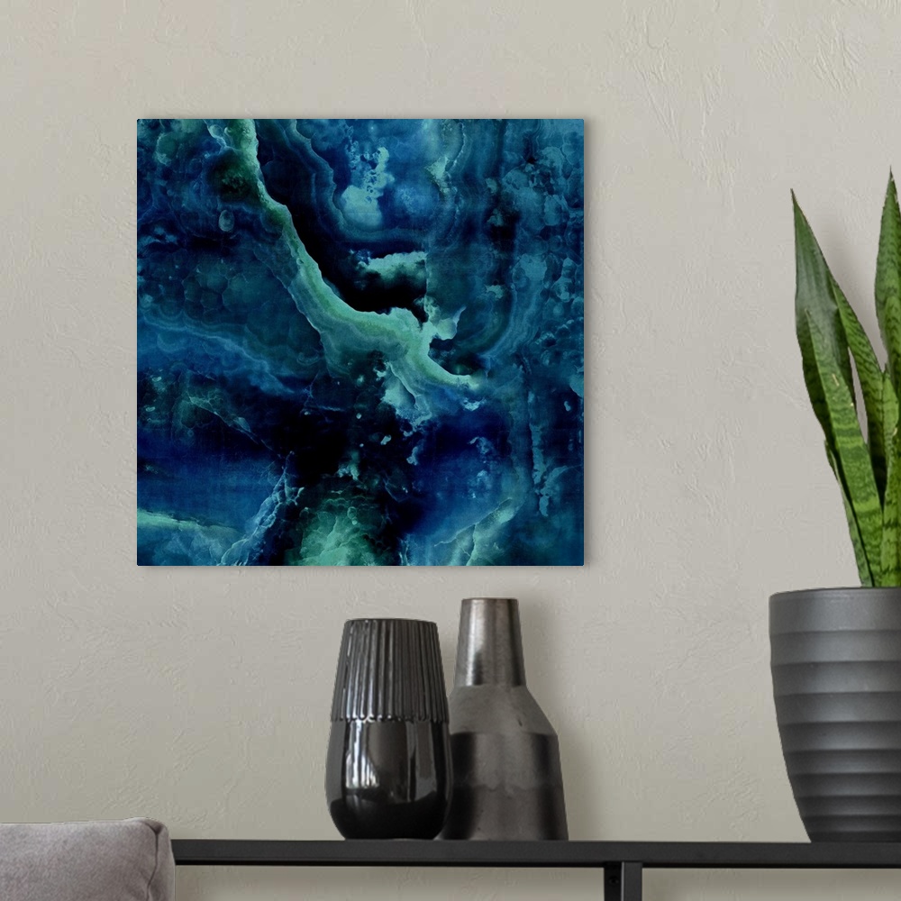 A modern room featuring Contemporary artwork featuring a deluge of blues and green colors that have been edited to a marb...