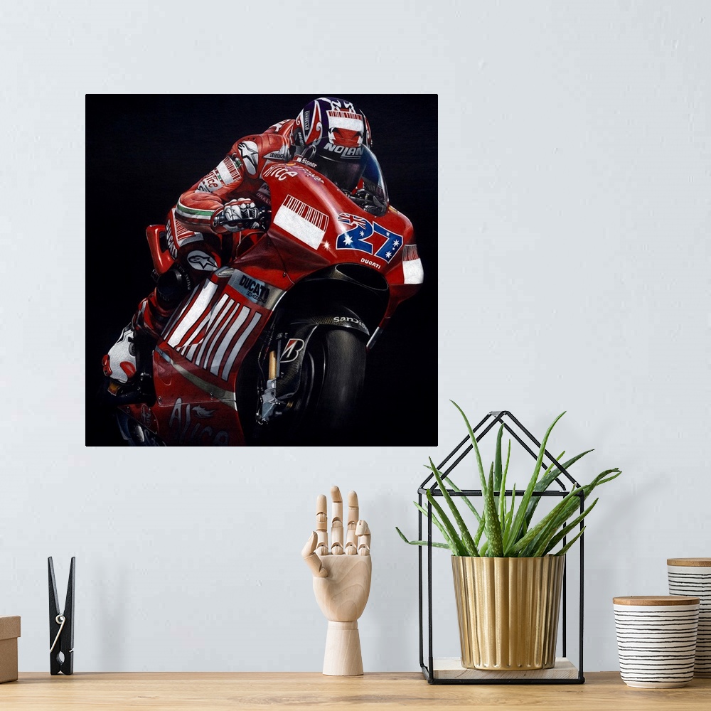 A bohemian room featuring Square illustration of a red, white, and blue Ducati racing bike in action, on a black background.
