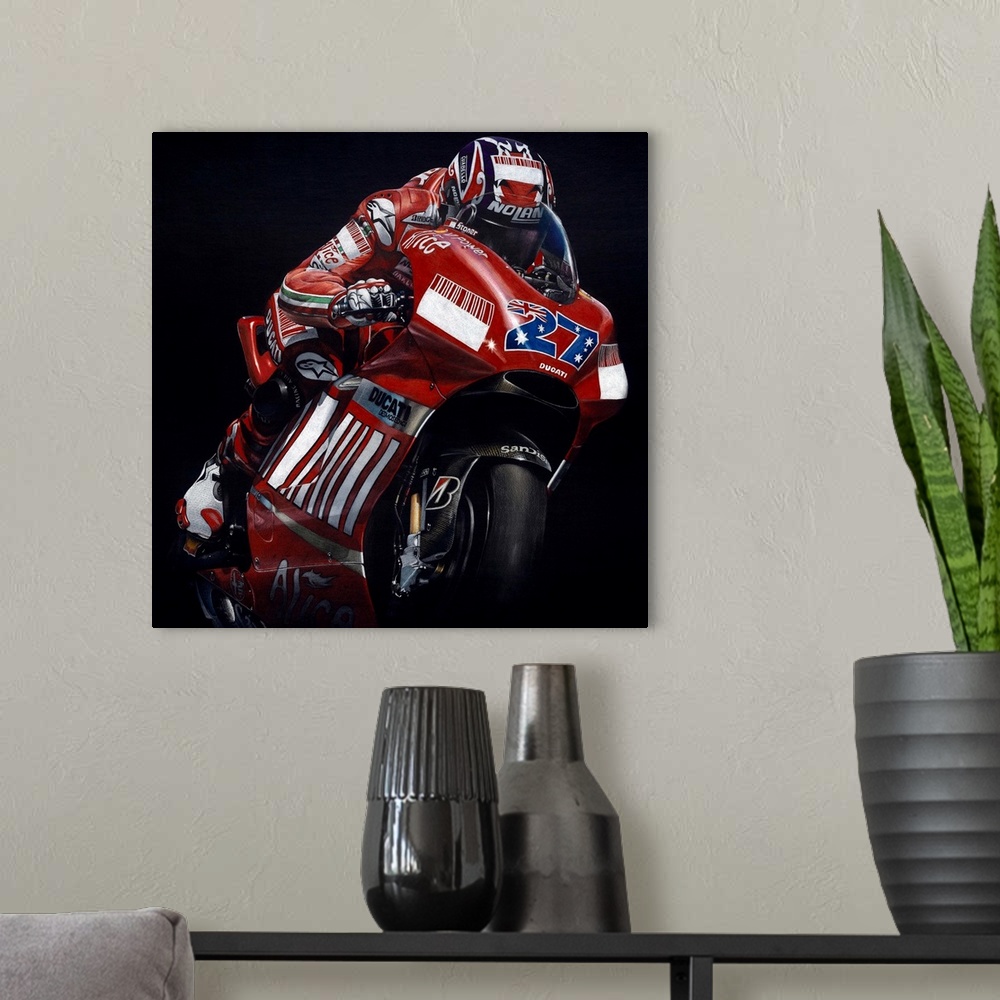 A modern room featuring Square illustration of a red, white, and blue Ducati racing bike in action, on a black background.