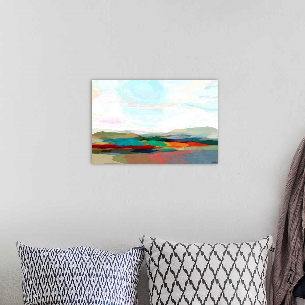 A bohemian room featuring Abstract landscape made with see-through layers of color.