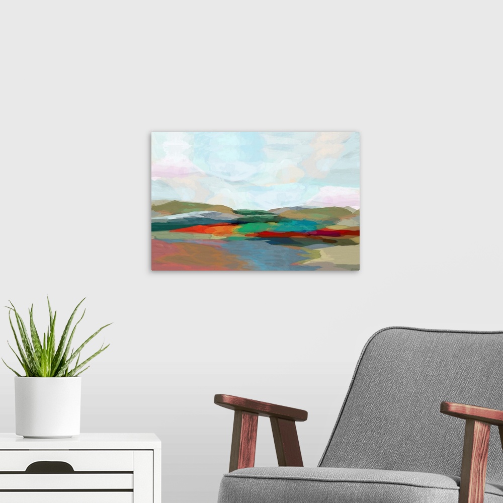 A modern room featuring Abstract landscape made with see-through layers of color.